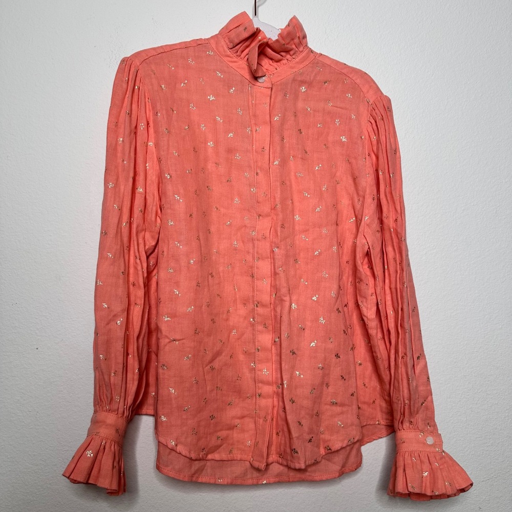 KOCH PHOEBE‎ TOP CORAL FLEUR Gold Foil Floral Ruffle Neck Cotton Blouse Med USA